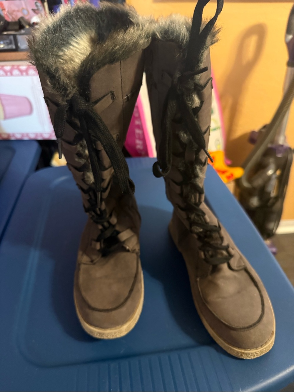 Lace-Up Faux-Fur Trim Knee Boots